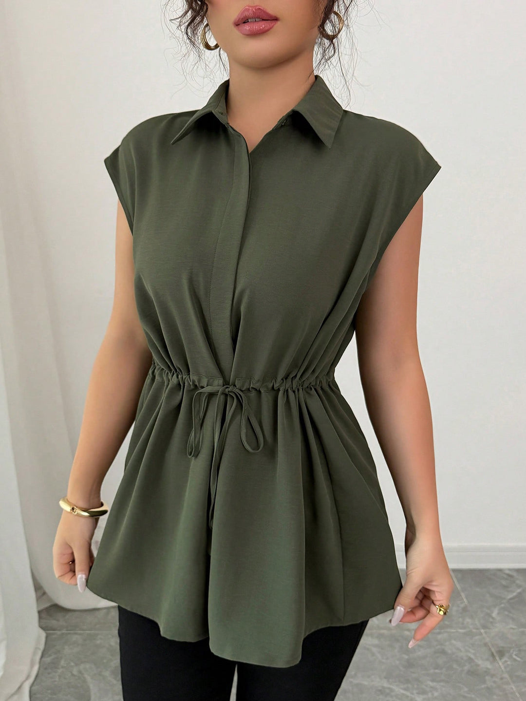 Women's Sleeveless Shirt Blouse Tunic with Drawstring Waistband Mune Fashion