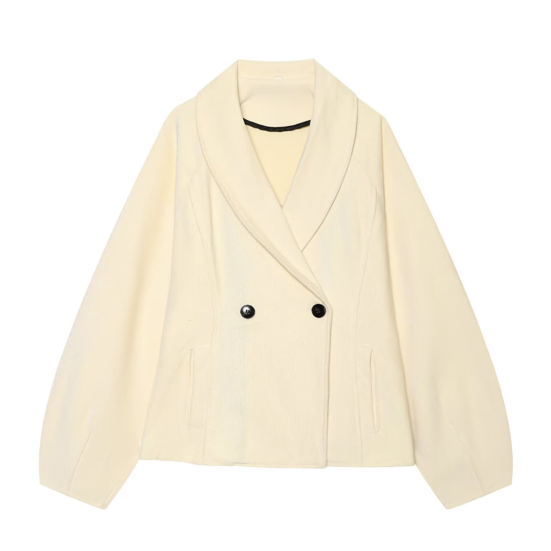 Women’s Short Blazer with Shawl Collar and Double-Breasted Button Placket Mune Fashion