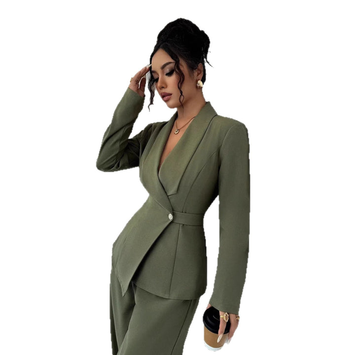 Women's tailored business blazer with shawl collar, belt waist and single-button closure Mune Fashion