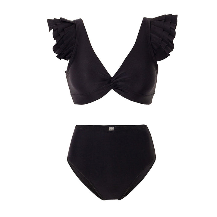 Women’s Bikini Set with Decorative Ruffle Design and Transparent Beach Tunic Mune Fashion