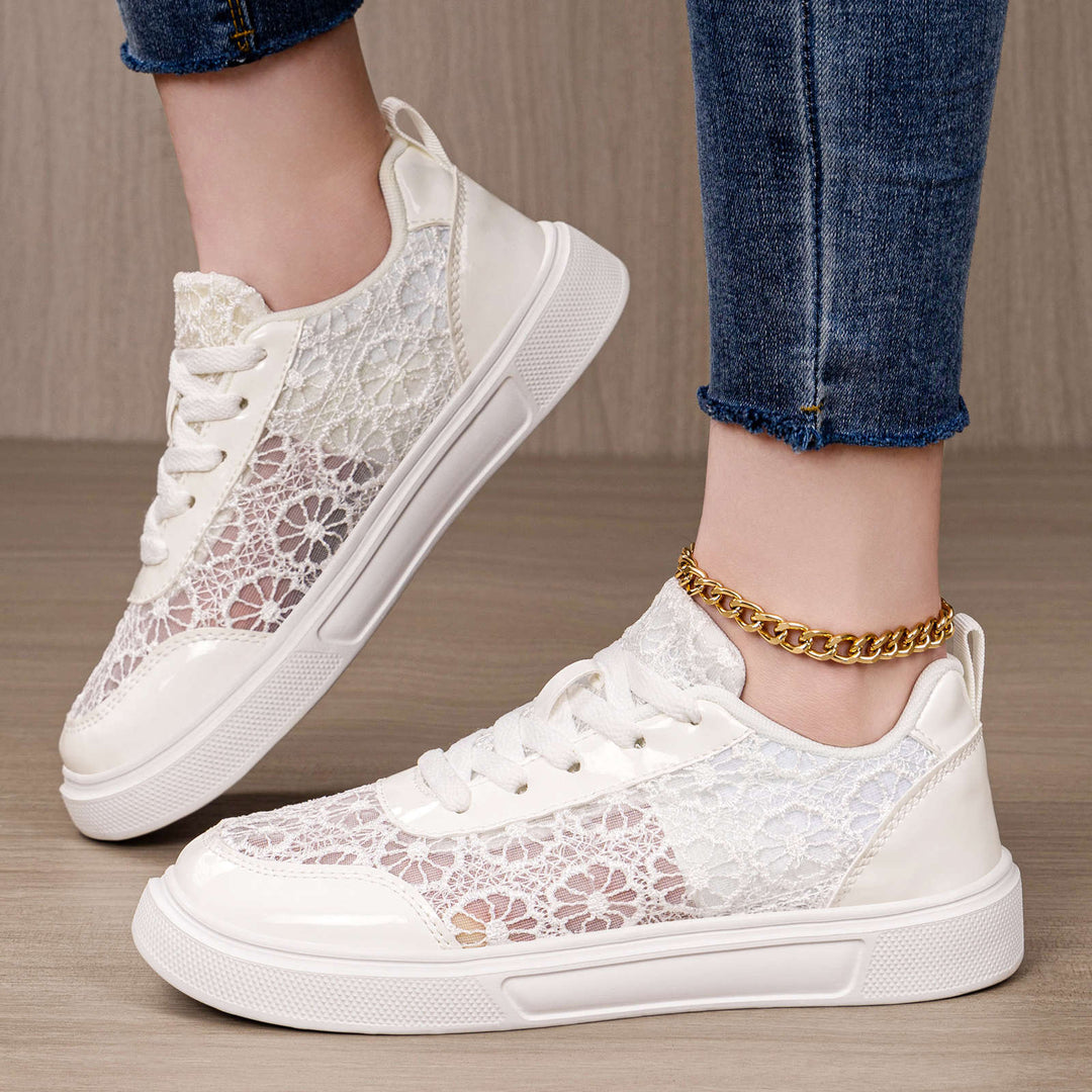 Women's elegant platform sneaker with lace overlay, patent overlays, and padded comfort insole Mune Fashion