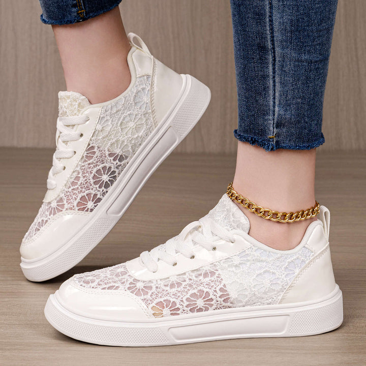 Women's elegant platform sneaker with lace overlay, patent overlays, and padded comfort insole Mune Fashion