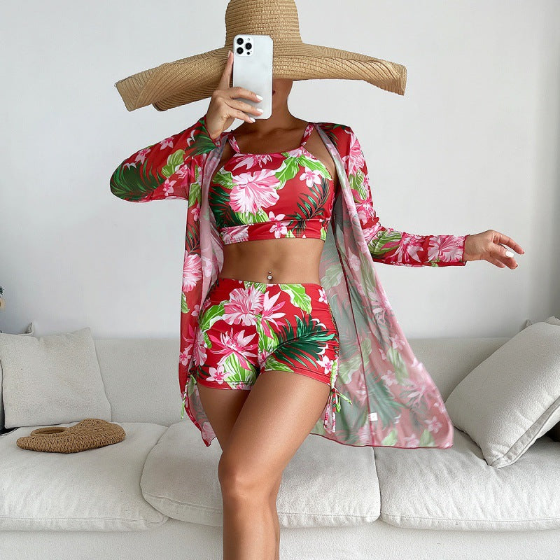 Women's Sport Bikini Set with colorful floral print and casual wrap jacket Mune Fashion