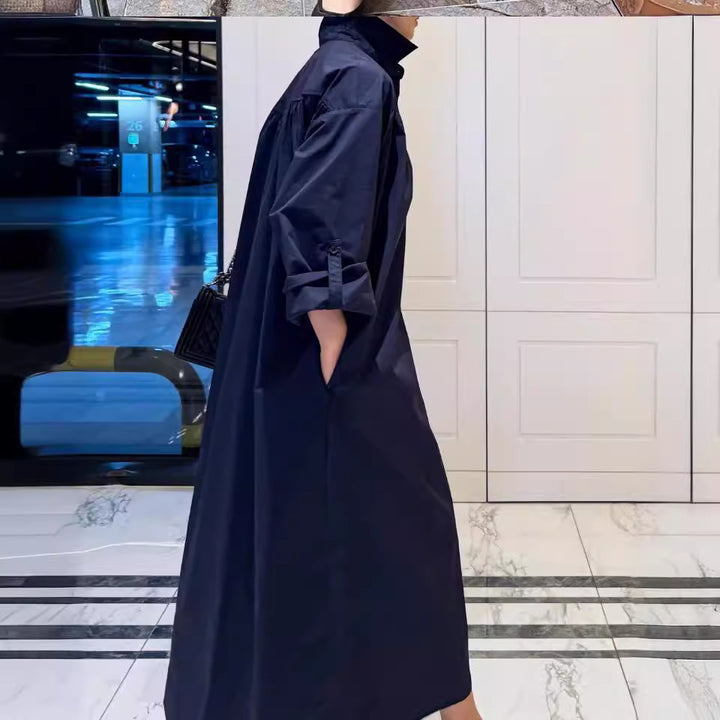 Women's Long Boxy Shirt Dress with High Stand Collar and Concealed Button Placket Mune Fashion