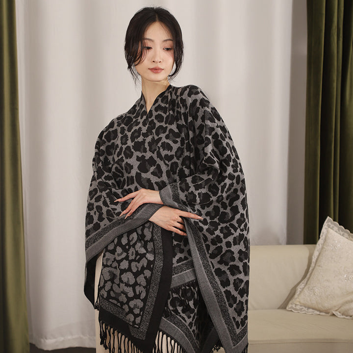 Women's Jacquard Poncho with Leopard Pattern, Fringes and Open Oversized Cut Mune Fashion