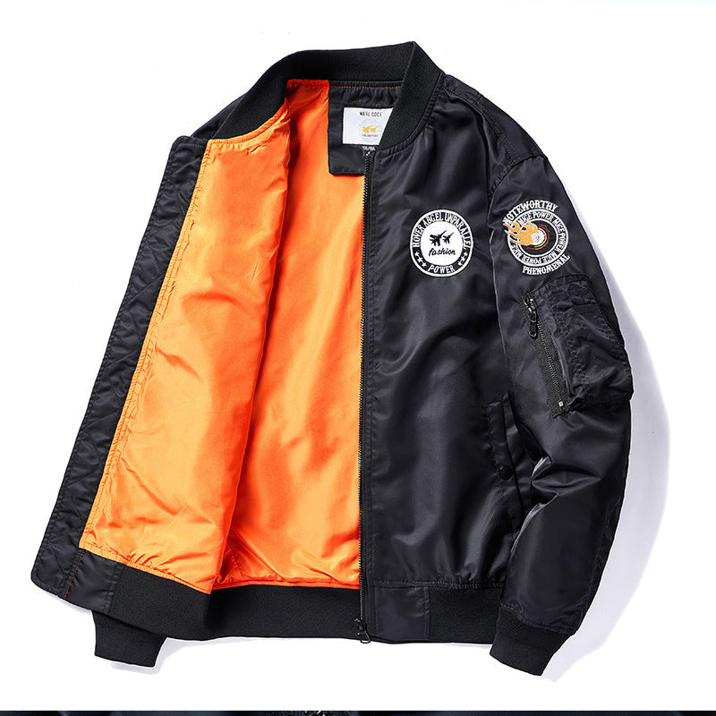 Men's lightweight pilot bomber jacket with badge appliqués, arm pocket, and ribbed cuffs Mune Fashion