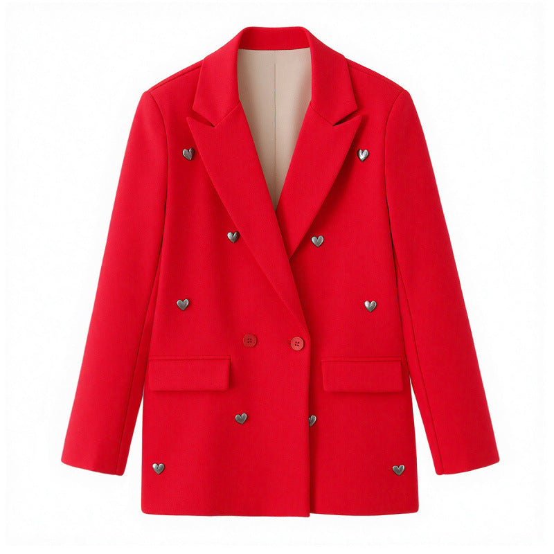 Women Tailored Double-Breasted Blazer with Heart Metal Applications and Flap Pockets Mune Fashion