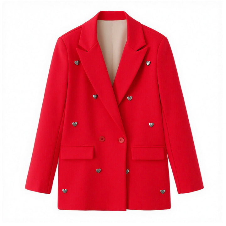 Women Tailored Double-Breasted Blazer with Heart Metal Applications and Flap Pockets Mune Fashion