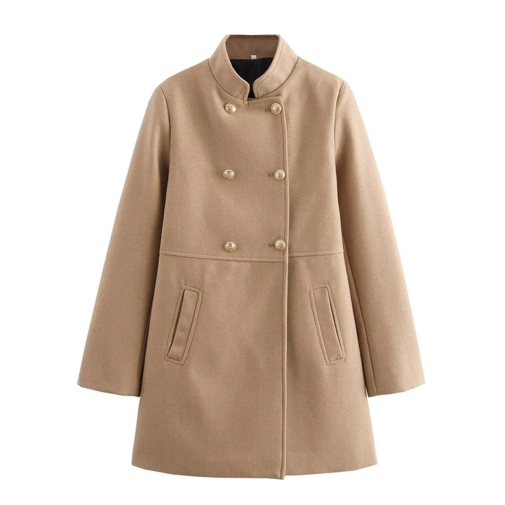 Women's Double-Breasted Wool Blend Coat with Stand Collar and Decorative Buttons Mune Fashion