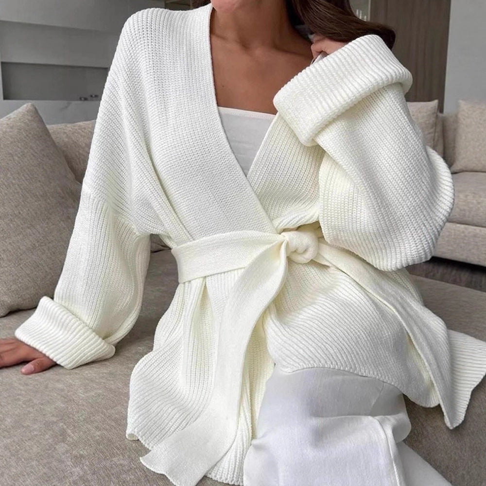 Women's Oversize Knit Coat with Ties and Ribbed Fine Knit Dress