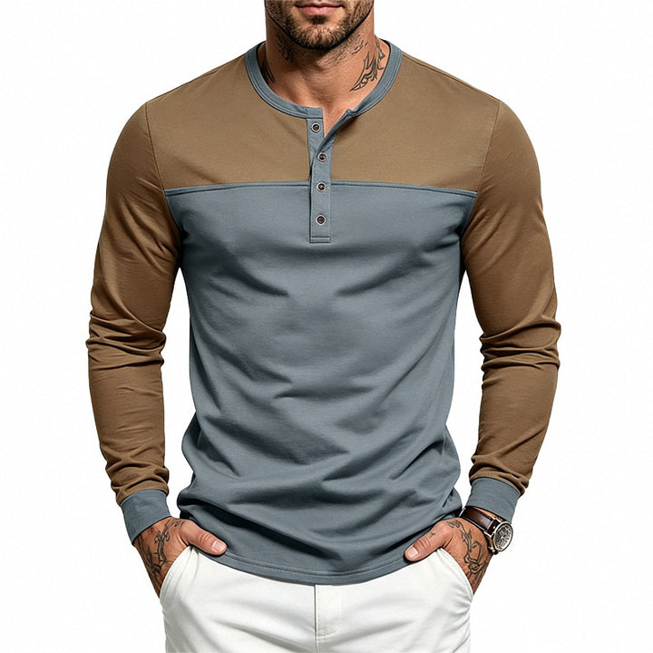 Men's Slim-Fit Henley Long Sleeve Shirt with Contrasting Insert and Button Placket Mune Fashion