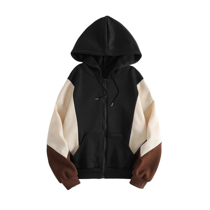 Women's Hooded Sweat Jacket with Color Block, Zipper and Kangaroo Pocket Mune Fashion