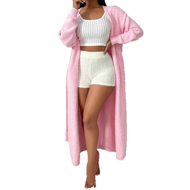 Women's Long Wrap Cardigan in Fuzzy Look with Tie Belt Mune Fashion