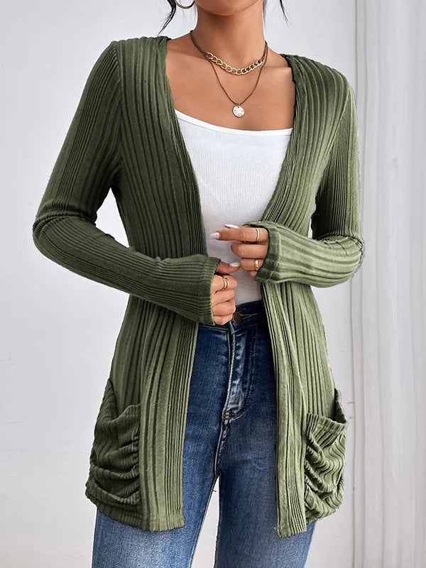 Women Ribbed Long Cardigan with Open Front, Pockets and Relaxed Fit Drune
