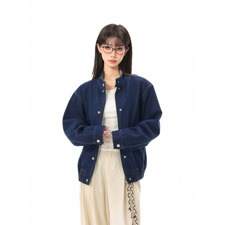 Unisex Boxy Denim Jacket with Check Lining, Stand-Up Collar and Flap Pockets Mune Fashion