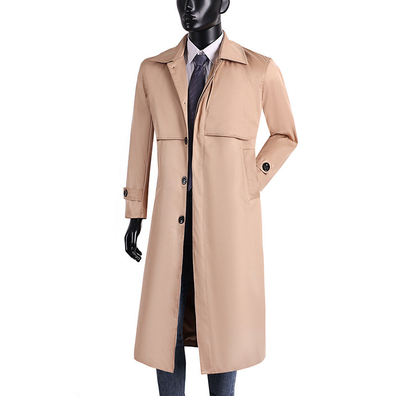 Men's long trench coat with concealed button placket and water-repellent features Mune Fashion