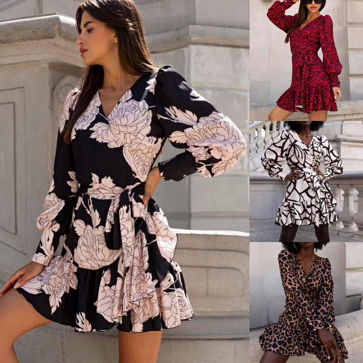 Ladies' wrap dress with leopard pattern, V-neck, gathered waistline and multi-layered tiered skirt Mune Fashion