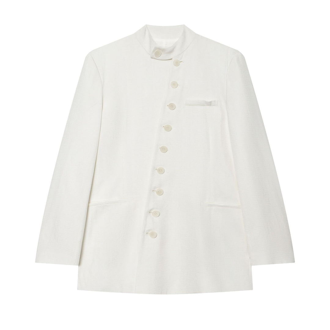 Women Light Boucle Blazer with Stand-up Collar and Button Placket Mune Fashion