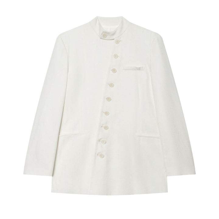 Women Light Boucle Blazer with Stand-up Collar and Button Placket Mune Fashion