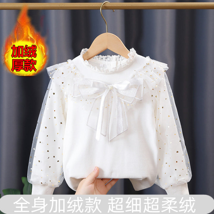Girls' fashionable sweatshirt with decorative tulle sleeves and bow details Mune Fashion