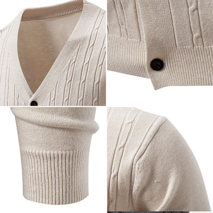Men's fine-knit cardigan with deep V-neck slim fit and vertical cable knit Mune Fashion