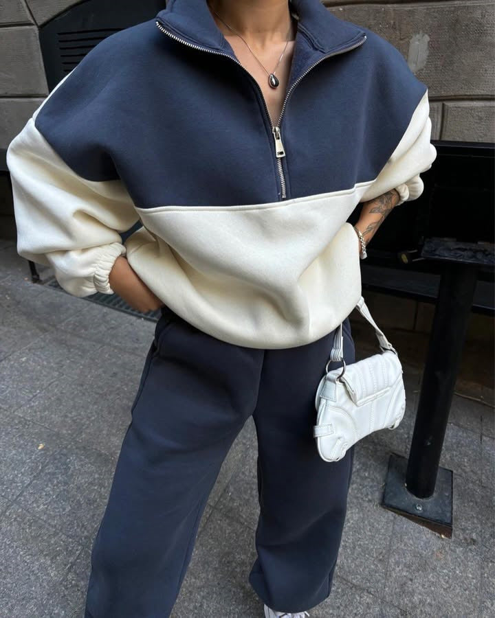 Women's Oversized Two-Tone Half-Zip Loungewear Set with Stand Collar and Wide Palazzo Jogger Mune Fashion