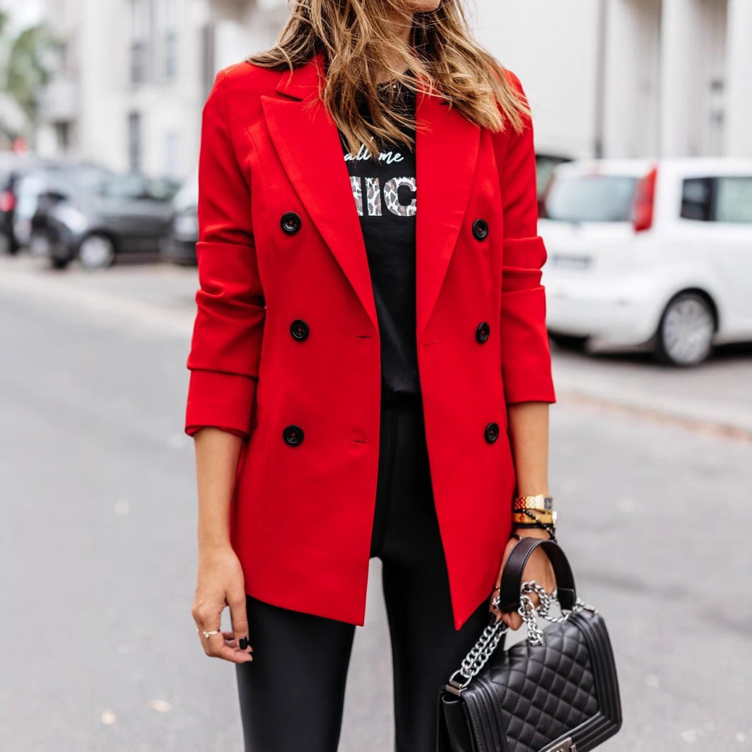 Women nan tailored long blazer with double-breasted button placket, lapel collar and patch pockets Mune Fashion