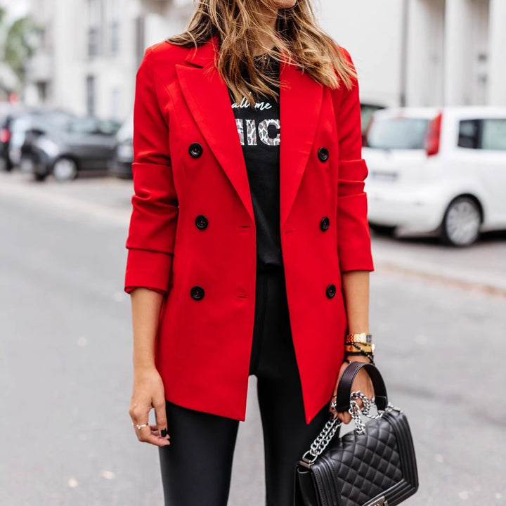 Women nan tailored long blazer with double-breasted button placket, lapel collar and patch pockets Mune Fashion