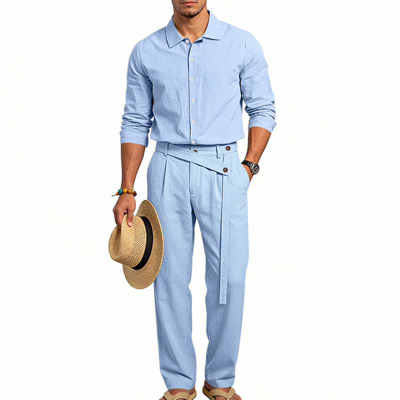 Men's elegant linen two-piece set with shirt and high-waisted pants with tie belt Mune Fashion