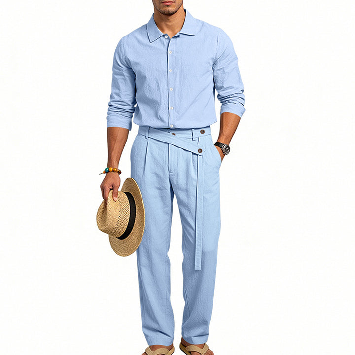 Men's elegant linen two-piece set with shirt and high-waisted pants with tie belt Mune Fashion