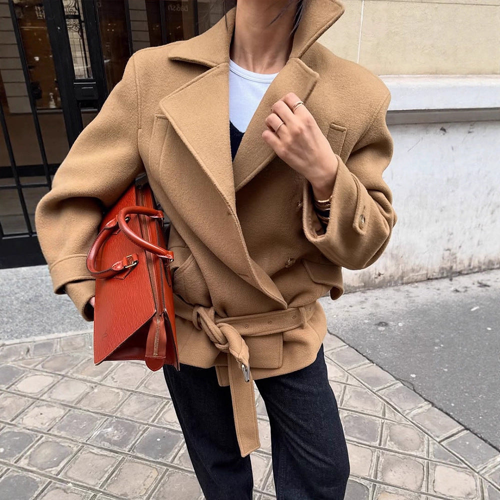 Women Tailored Wool Blend Short Coat with Tie Belt, Wide Lapels and Button Cuffs Mune Fashion