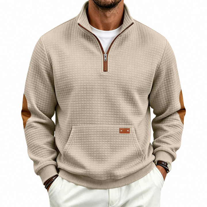Men's Textured Half-Zip Sweatshirt with Waffle Structure, Kangaroo Pocket and Leather Elbow Patches Mune Fashion