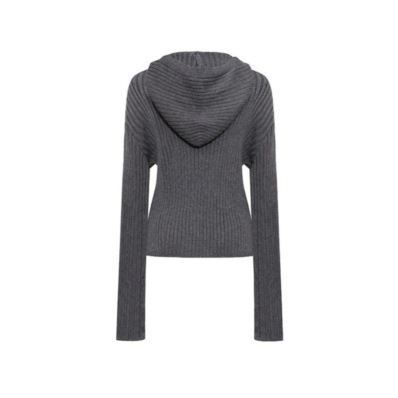 Women's ribbed hooded cardigan with zipper, decorative button placket and patch pockets Mune Fashion