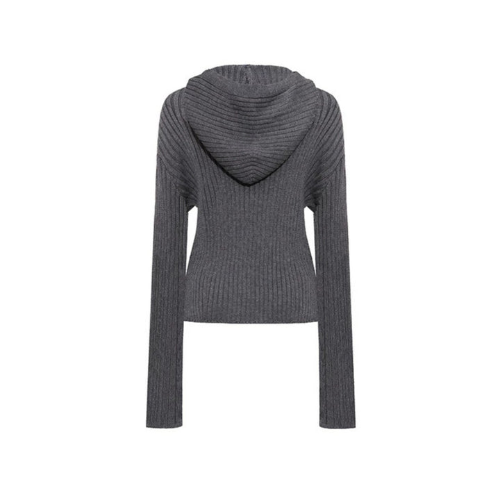 Women's ribbed hooded cardigan with zipper, decorative button placket and patch pockets Mune Fashion