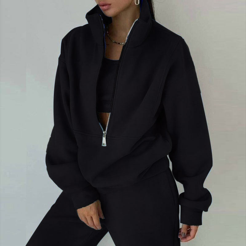 Women's Oversized Half-Zip Sweatshirt with High Stand Collar and Concealed Kangaroo Pocket Mune Fashion