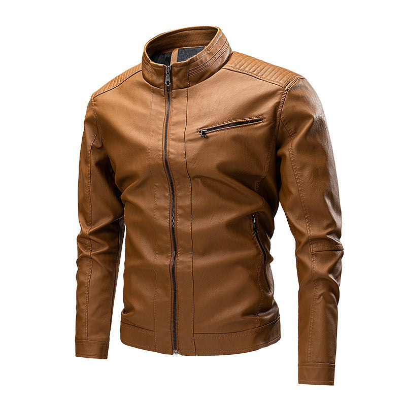 Men's Slim-Fit Biker Jacket in Leather Look with Stand-Up Collar and Quilted Shoulder Area Mune Fashion