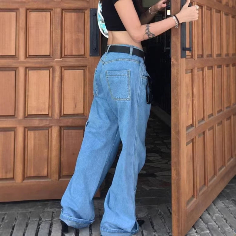 Women Extra Wide Baggy Jeans with Cargo Patches and Low Waist Mune Fashion