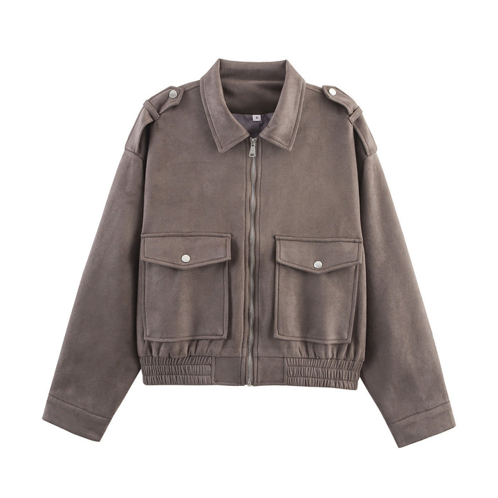 Women's short jacket in utility bomber style with flap pockets, shoulder epaulets, and elastic hem Mune Fashion