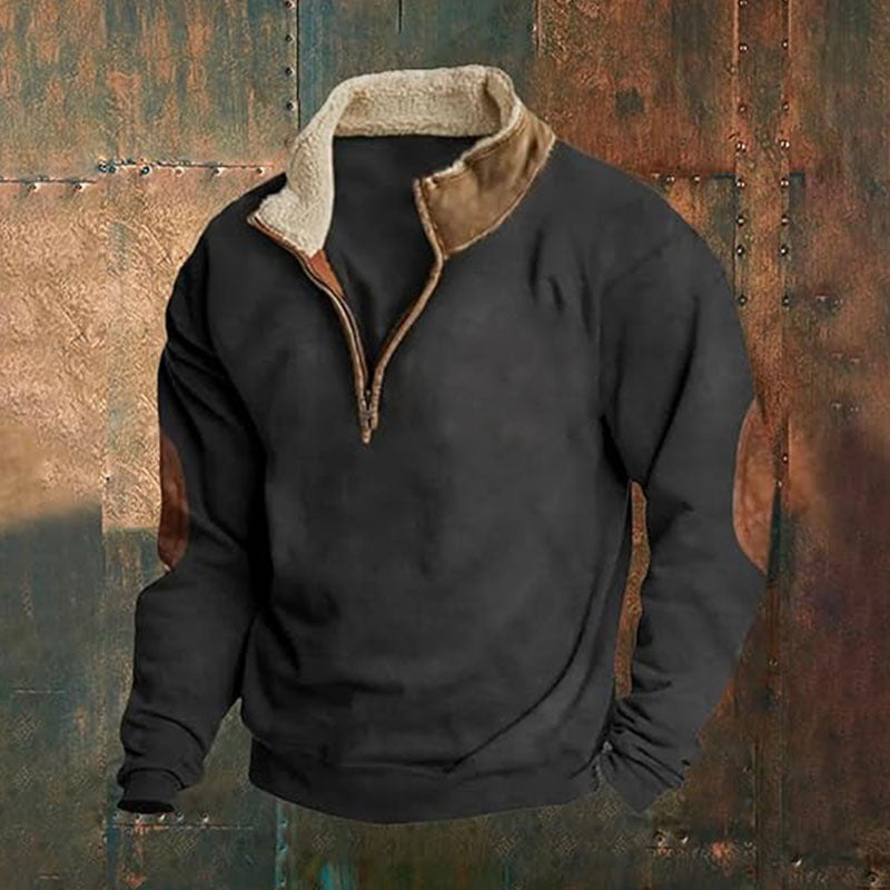 Men Cord-Optic Half-Zip Sweater with Teddy Collar and Elbow Patches Mune Fashion