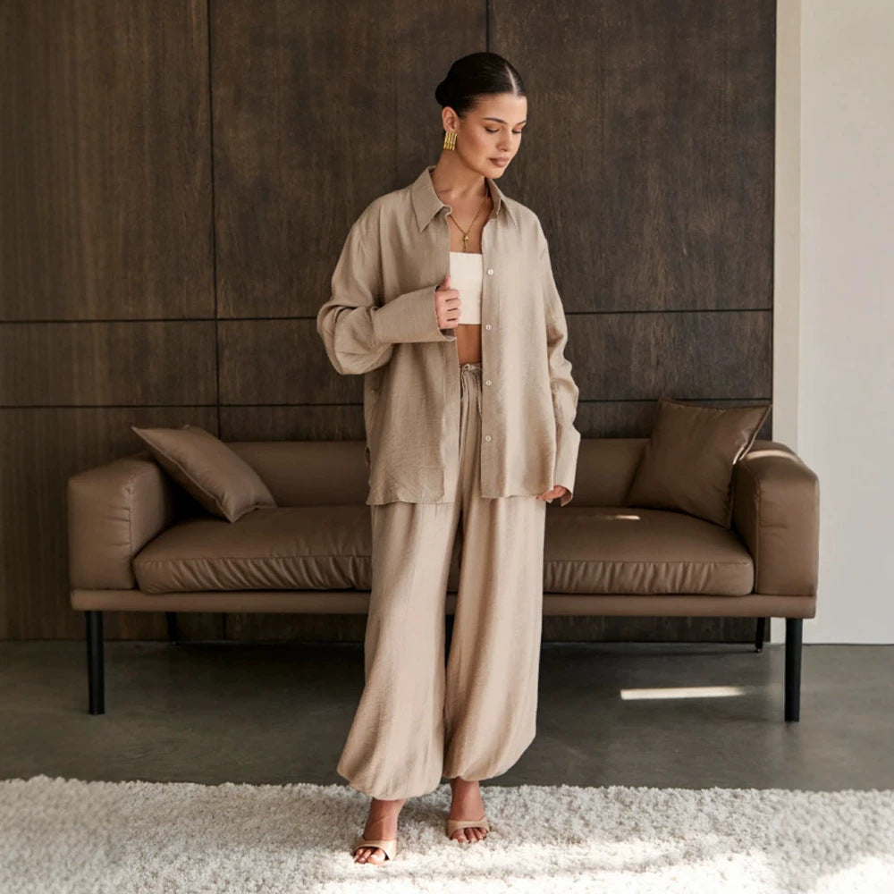 Women's Casual-Elegant Shirt and Pants Set with Drawstring, Elastic Waistband and Wide Leg Trousers