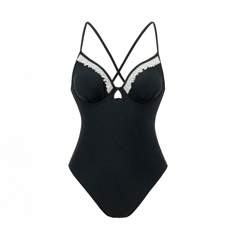 Women's one-piece swimsuit with sophisticated ruffle design and deep V-neckline Mune Fashion