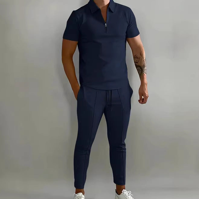 Men's Sporty Short Sleeve Polo Shirt and Pant Set