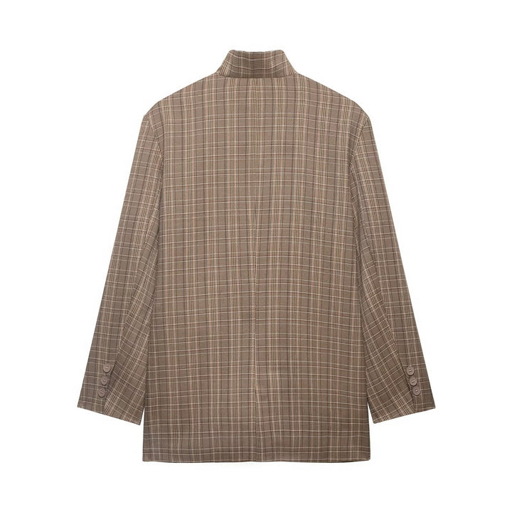 Women's Oversized Glencheck Blazer with Stand Collar and Asymmetrical Button Placket Mune Fashion