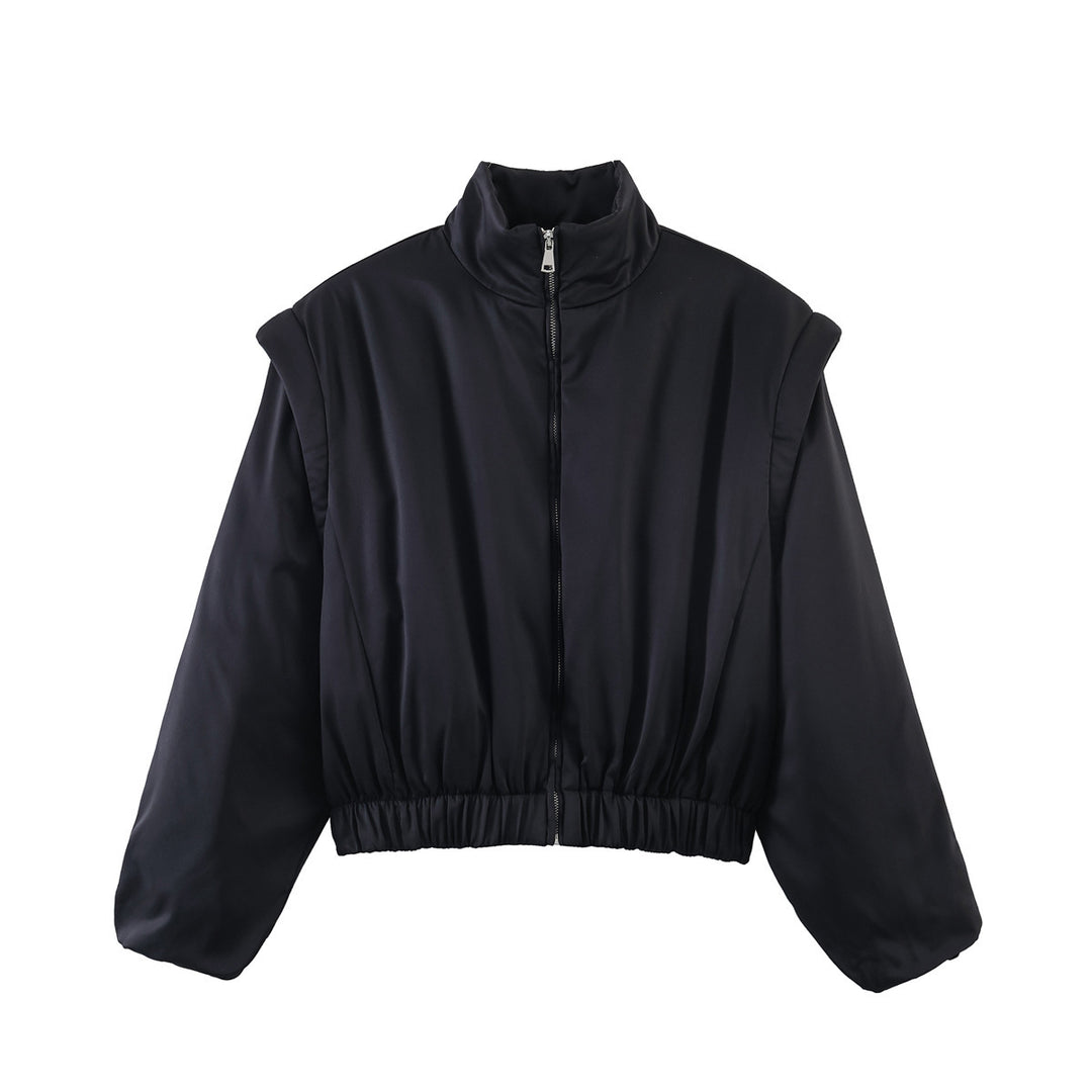 Women's Padded Cropped Bomber Jacket with Stand Collar and Elastic Hem Mune Fashion