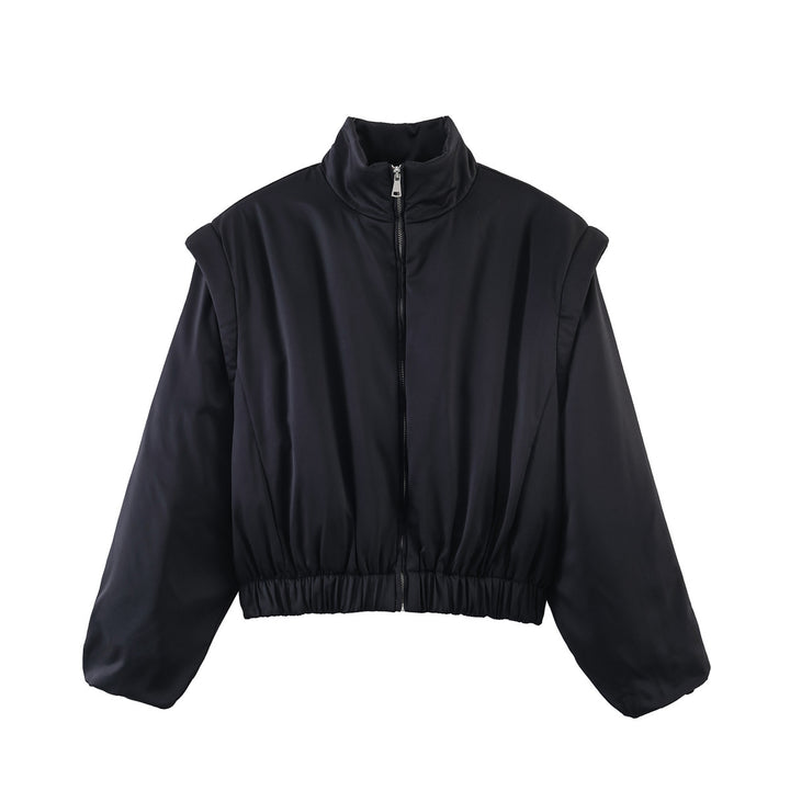 Women's Padded Cropped Bomber Jacket with Stand Collar and Elastic Hem Mune Fashion