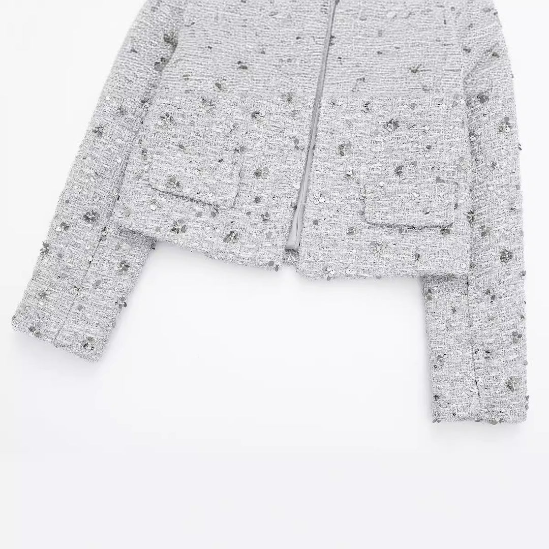 Women's short-cut Boucle Tweed jacket with floral sequin appliqué and open front Mune Fashion