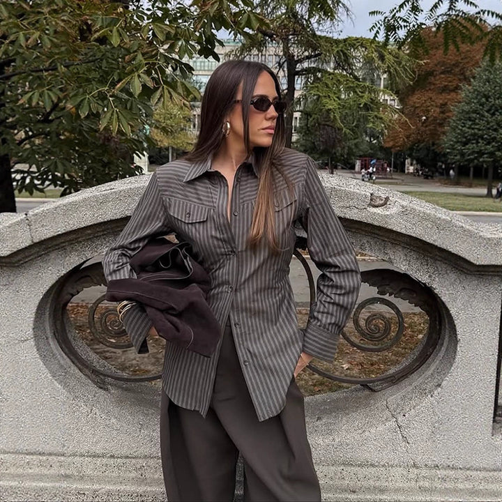 Women's Tailored Striped Shirt Blouse with Breast Pockets and Extended Hem Mune Fashion