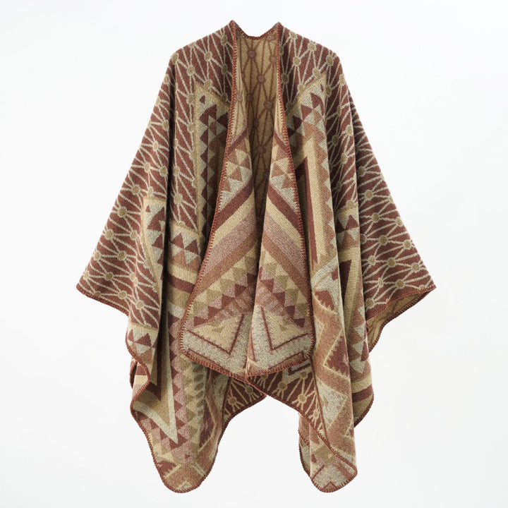 Women's wool blend cape with graphic ethnic pattern and decorative overlock seam Mune Fashion
