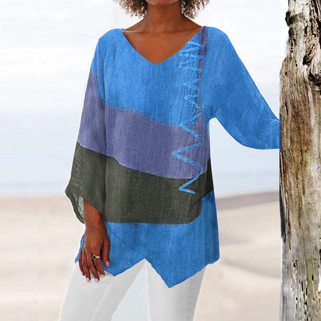 Women Casual A-Line Linen Look Tunic with Color Block Stripes and V-Neck Mune Fashion
