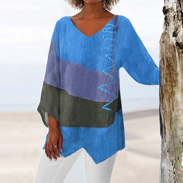 Women Casual A-Line Linen Look Tunic with Color Block Stripes and V-Neck Mune Fashion